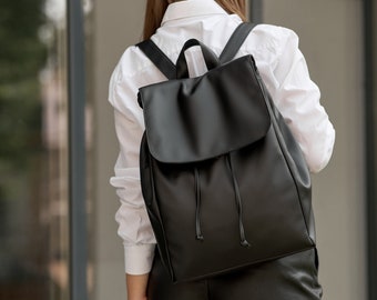 Eco-leather backpack black, women backpack, laptop backpack, notebook backpack, handmade backpack, handcraft backpack