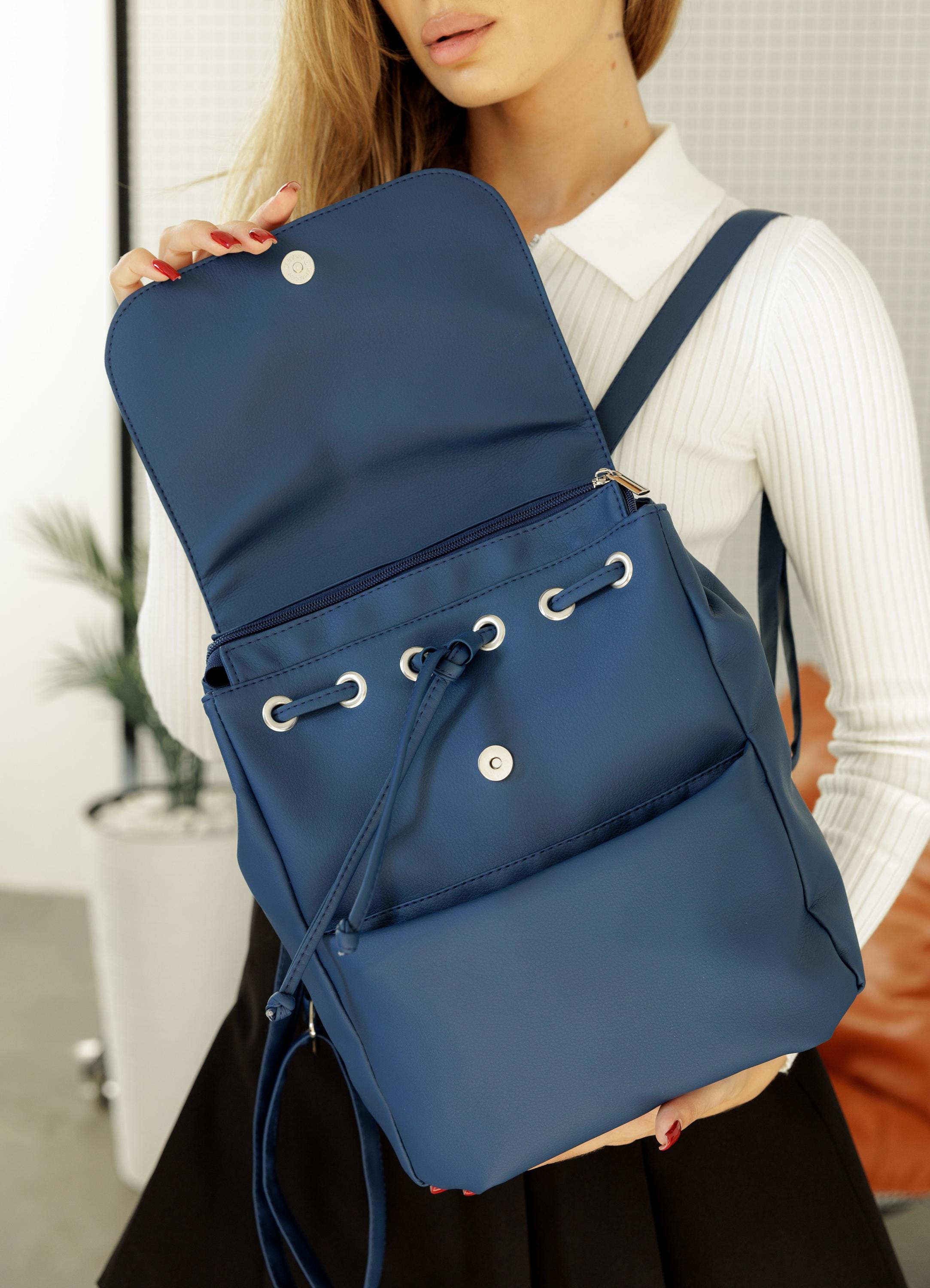 Vegan Leather Drawstring Mini Backpack with Buckle Pockets Small Daybag Piel Leather Small Drawstring Backpack 9821 Leather Backpack  main image 2