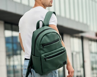 Green Backpack, Green Men Backpack, Eco Leather  Backpack, Backpack for Laptop, Custom Designed, Green City Backpack, Backpack for men