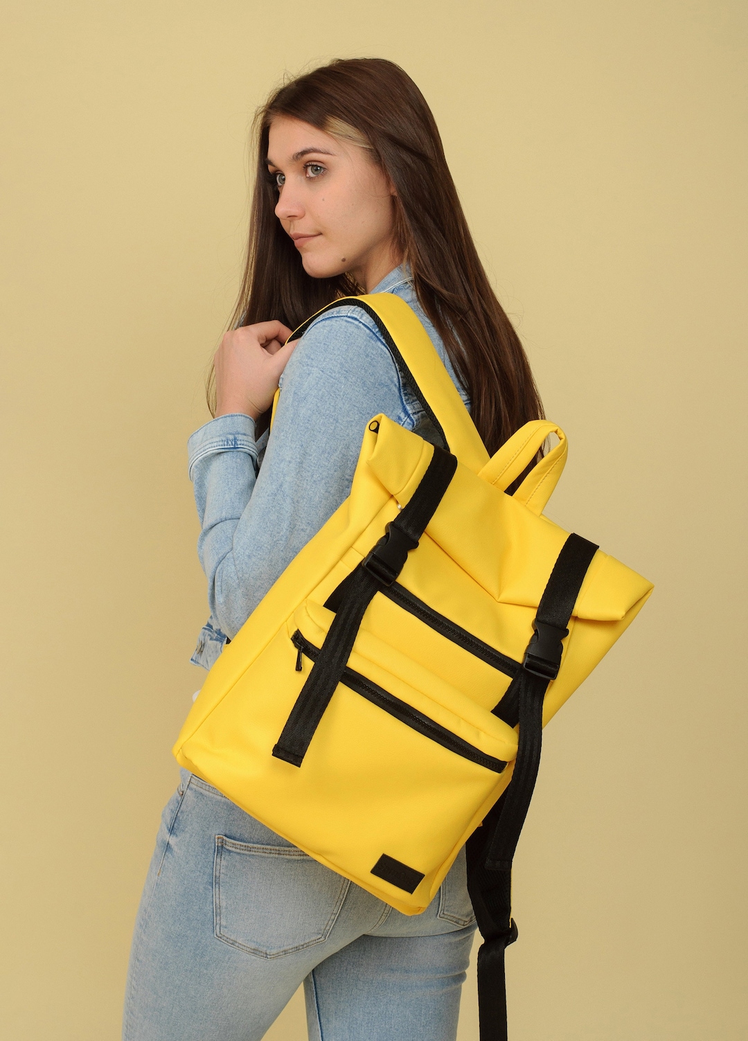 Yellow Roll Top Backpack, Woman Big Backpack, Compact Rolltop Backpack ...