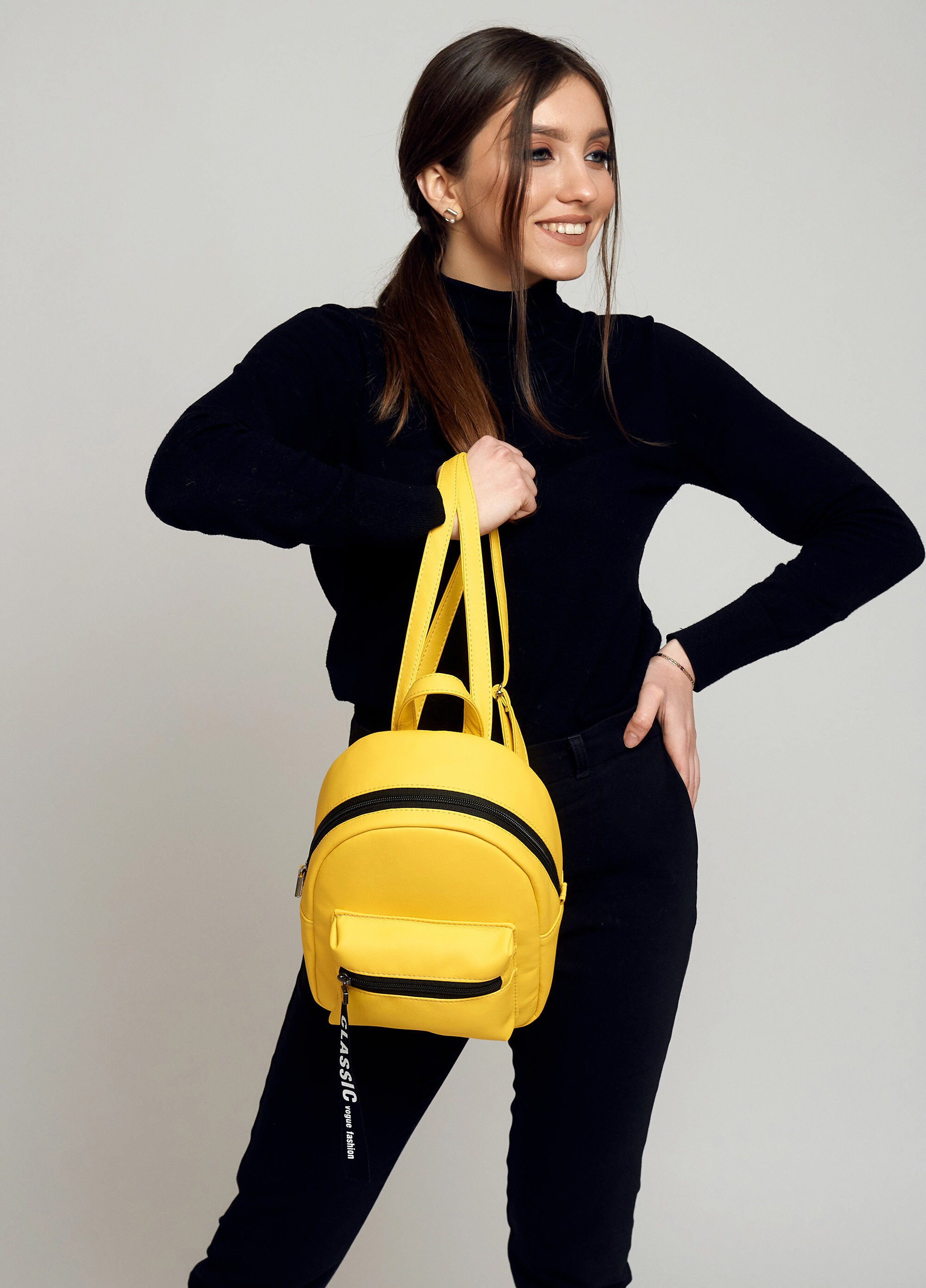 Eco Leather Yellow Backpack, Woman Backpack, Yellow Shoulder Bag, Women