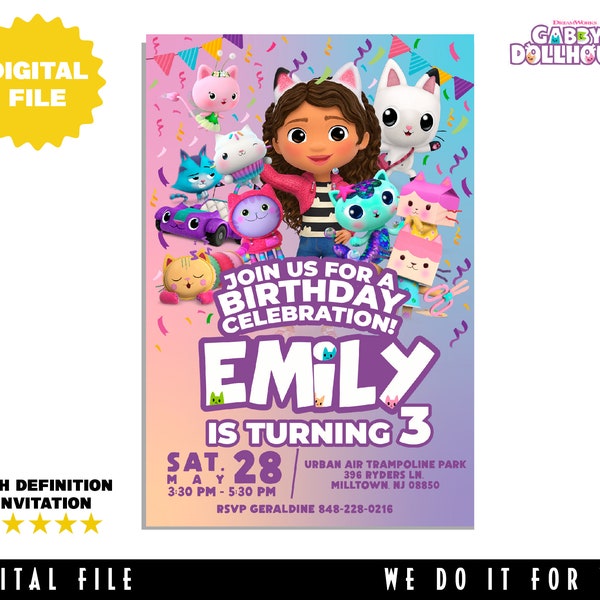 Gabby's Dollhouse birthday invitation, Gabby's invitation, Gabby's Dollhouse, invitation digital Gabby's Dollhouse, printable file