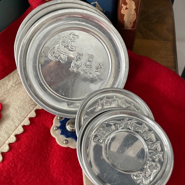 Vintage Children’s Tin Litho Kittens Toy Tea Plates Set, Two Sets of Four Plates