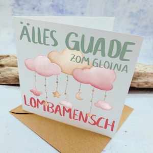 Schwäbische Babykarte Mädchen, Klappkarte Lombamensch, hochwertige Taufkarte für Geburt, Taufe, Glückwunsch, plastikfrei