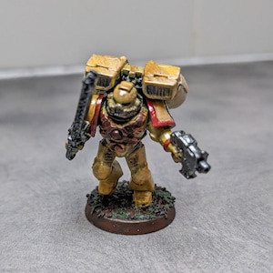 May include: A yellow and red painted miniature space marine figure with a backpack and a gun. The figure is standing on a brown base.