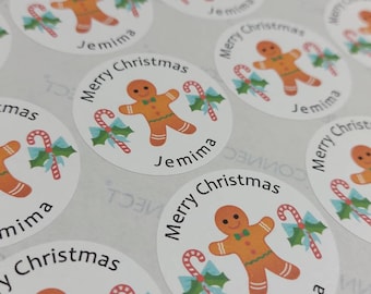 Personalised Merry Christmas Stickers / Gingerbread / Candy Cane labels x 20