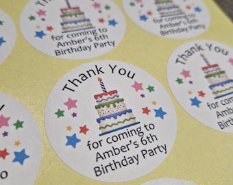 Children's Birthday Party Bag Stickers / Labels x 20 / Birthday Cake / Stars / Rainbow Thank You for Coming to my Party