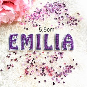 Könnte beinhalten: Ein Set aus lila Glitzerstoffbuchstaben, die das Wort EMILIA mit weißem Rand bilden, jeweils 5,5 cm hoch. Die Buchstaben sind von kleinen lila sternförmigen Pailletten und einer Ansammlung rosa Blumen in der oberen Ecke umgeben.