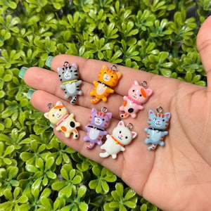 May include: A collection of colorful cat charms in various colors, including gray, orange, pink, and blue. Each charm has a small loop at the top for attaching to jewelry or other crafts. The charms are held in a hand against a green leafy background.