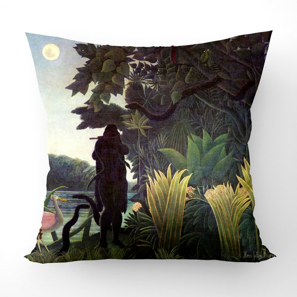 Coussin inspiré d'Henri Rousseau, peinture forêt tropicale, Le charmeur de serpents, coussin design, recto-verso, housses de coussin 43 x 43 cm