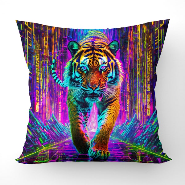 Art de tigre, art de science-fiction, graphismes de tigre, housse de coussin néon, imprimé tigre