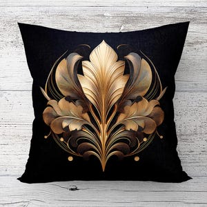 Art deco cushion cover cover, symetrical golden floral pattern cushion cover, 17 x 17, double sided