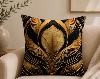 Art Deco Cushion Cover: Gold & Black Geometric Flower, Double Sided