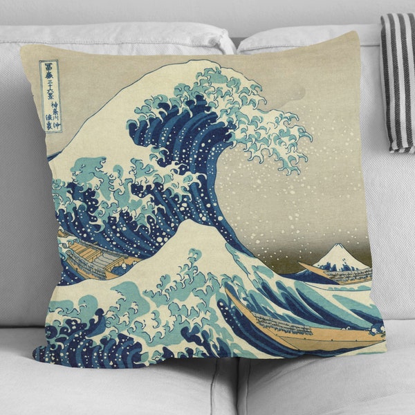 Hokusai inspiriertes Kissen, großes Wellenkissen, japanischer Kunstdruck, (doppelseitiger Druck) 43x43cm Kissenbezüge