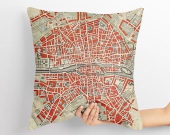 Fodera per cuscino con mappa vintage di Parigi, cuscino con mappa antica della città, complemento d'arredo in stile francese.