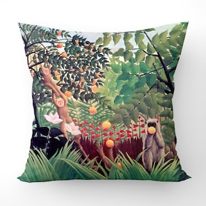 May include: A colourful painting depicting a jungle scene with monkeys, oranges, and flowers. The monkeys are climbing trees and eating oranges. The painting is in a style reminiscent of Henri Rousseau.