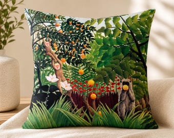 Capa de almofada com estampa de macaco da selva, estilo safari tropical, com motivos botânicos.