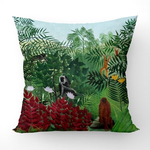 Monkeys cushion, rainforest print, Henri Rousseau, art cushion print, double sided print, soft cushion covers