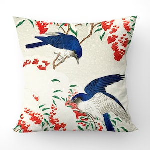 2 blue birds floral cushion, winter nature print, birds artist print cushion, (double sided) 43x43cm cushion covers