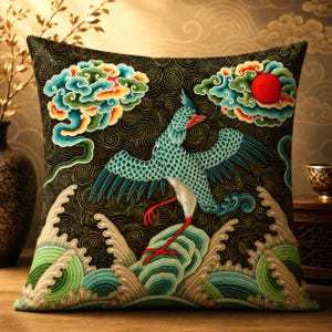 Handgemachter Phoenix Kranich Kissenbezug, Orientalisches Vogel Kunst Kissen, Dekor im tibetischen Stil (17 x 17 Inch)