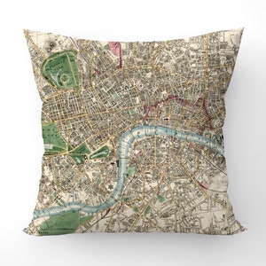 Mapa de Londres siglo XIX, diseño de cojín, mapa antiguo, cojín de lujo mapa vintage, cojín de diseño, (doble cara) funda de cojín 43x43cm