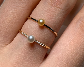 Akoya pearl ring, dainty pearl ring, tiny seawater pearl ring, thin gold filled ring, natural round white gold pearl ring