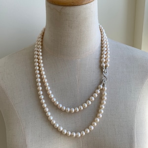 Double strand pearl necklace, round freshwater pearl necklace, 24+21 inch, natural pearl necklace with sterling silver clasp, 7-8mm