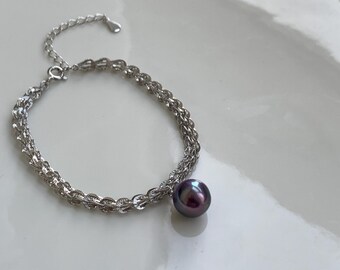 Purple pearl silver bracelet, round single pearl bracelet, real freshwater pearl bracelet