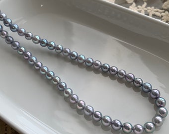Blue Akoya Pearl Necklace, Silvery Blue Baroque Japanese