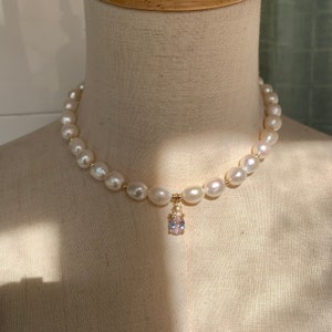 White baroque pearl necklace, cubic zirconia pendant, freshwater pearl necklace