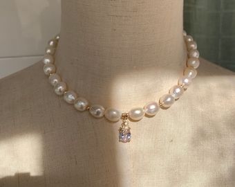 White baroque pearl necklace, cubic zirconia pendant, freshwater pearl necklace
