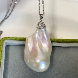 Large baroque pearl pendant, white flame ball pearl necklace, solitaire pearl pendant necklace