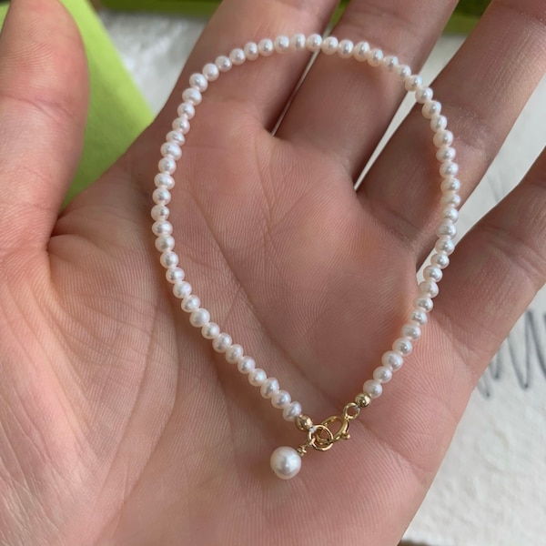 Baby freshwater pearl bracelet, dainty tiny pearl bracelet, small white pearl anklet, real seed pearl bracelet, 2-3mm