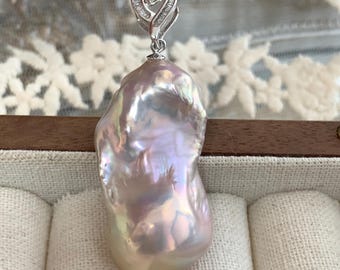 Large white pink baroque pearl pendant, high luster, freshwater fireball pearl pendant, natural pearl pendant necklace