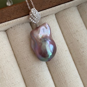 Purple baroque pearl pendant with 17 inches adjustable silver chain necklace, solitaire flame ball pearl necklace