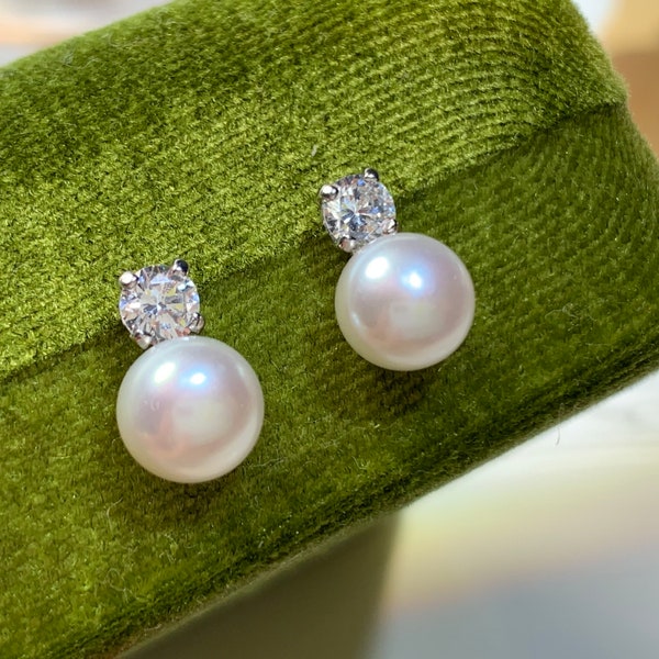 CZ and pearl stud earrings, diamond stud with real pearl, white freshwater pearl silver studs