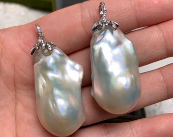 White baroque pearl pendant with sterling silver, white flame ball pearl, solitaire pearl necklace