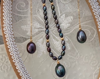 Black freshwater pearl pendant necklace, peacock pearl pendant, solitaire pearl necklace, 14k gold filled