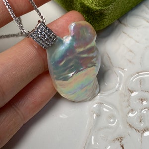 Iridescent baroque pearl pendant, large freshwater pearl pendant necklace, irregular pearl necklace