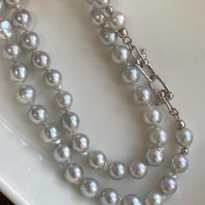 Blue akoya pearl necklace, baroque akoya pearl necklace, Japanese akoya pearl necklace, 7-7.5mm, sterling silver clasp