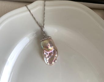 Lustrous baroque pearl pendant, flame ball pearl pendant, freshwater fireball pearl, solitaire pearl necklace