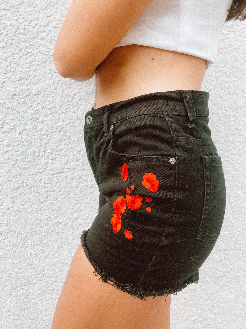 Cherry Blossom Embroidered Jean Shorts