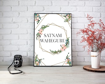 A3 Size Satnam Waheguru | Hexagon Floral Frame | ART PRINT (UNFRAMED)
