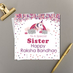 Zuster Raksha Bandhan-kaart | Eenhoorn Glimlachende Regenbogen en Gelukkige Wolken