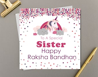 Sister Raksha Bandhan Card | Unicorn Smiling Rainbows and Happy Clouds