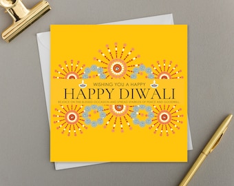 May include: A yellow card with a Diwali greeting. The card features a colorful design of fireworks and diyas, with the text "Wishing you a Happy Happy Diwali" and "Rejoice on this blessed occasion and spread sparkles of peace and goodwill."