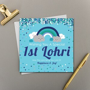 Lot de 6 cartes de voeux Lohri souriantes, licorne et arcs-en-ciel bleu