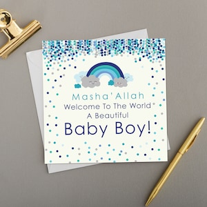 Masha' Allah Card Baby Boy Blue Smiling Rainbows