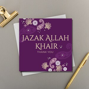 Lot de cartes de voeux violettes Jazak Allah Khair à imprimé cachemire