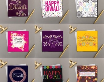 May include: Nine different greeting cards with various designs celebrating Diwali, a Hindu festival of lights. The cards feature colorful patterns, text, and illustrations related to the holiday.